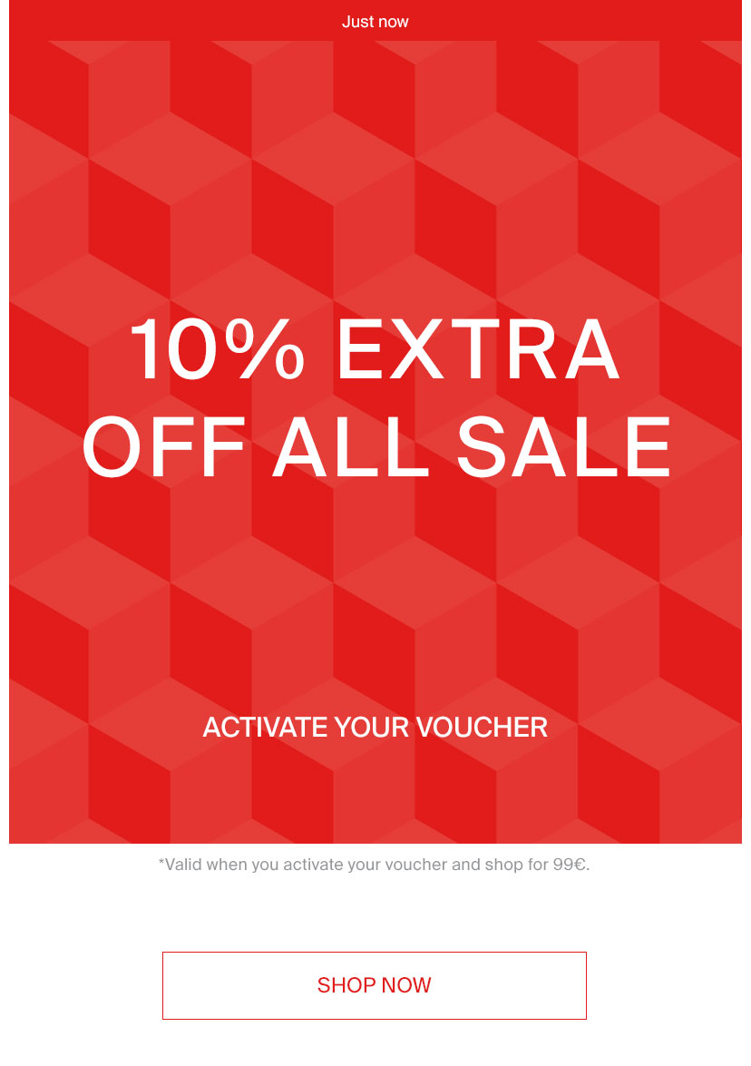 Just now 10% EXTRA OFF ALL SALE ACTIVATE YOUR VOUCHER *Valid when you activate your voucher and shop for 99. SHOP NOW 